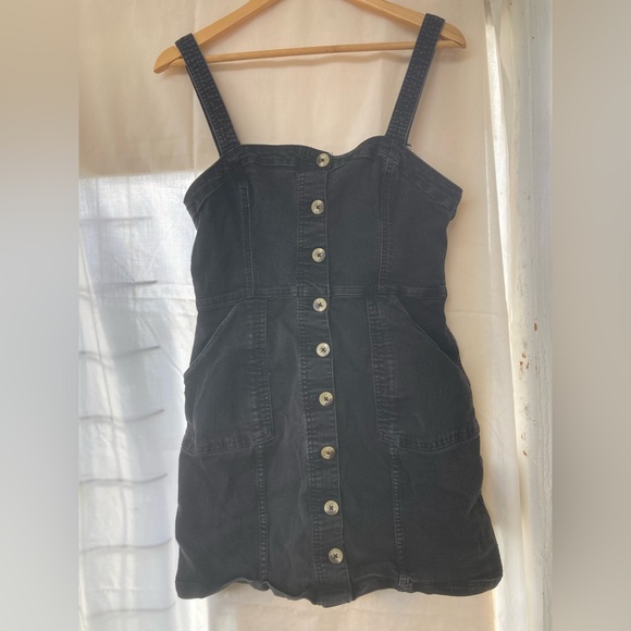 Black Denim Button-Front Overall Dress - Picture 1 of 5